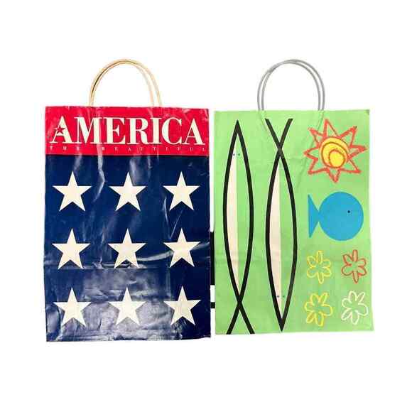 2 VTG Bloomingdales Paper Bags 1990 Laurie Rosenwald Fish/ America The Beautiful - Picture 1 of 4